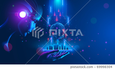 Artificial intelligence looking at smart city, connected with planet through global mobile internet on phone. AI control city infrastructure, data traffic, ensure safety. World communication concept. 69998304