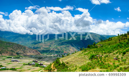 Panorama view to Paro valley, Bhutan 69998309