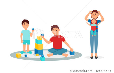 Tired Parents Troubled with Nursing and Playing with Kids Vector Illustration Set 69998383