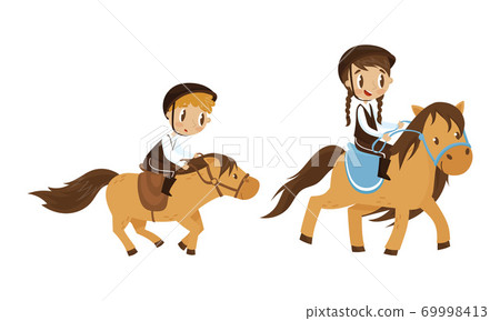 Cute Kid Jockey Riding Horse with Leading Reins Vector Set Cute Kid Jockey Riding Horse with Leading Reins Vector Set 69998413
