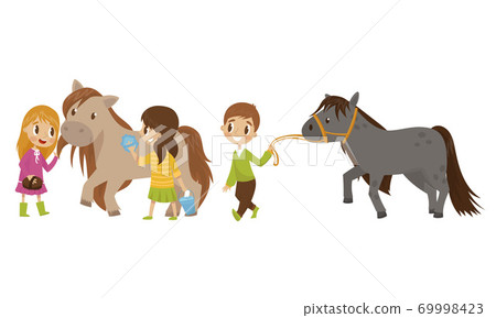 Cute Kid Taking Care of Their Horses Washing with Sponge and Walking with It Vector Set 69998423