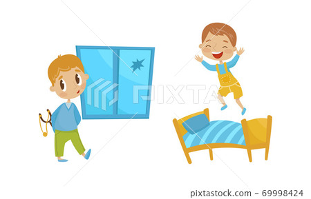 Naughty Boy Breaking Window with Forked Stick and Jumping on Bed Vector Illustration Set 69998424