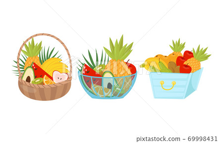 Sweet Tropical Food with Pineapple and Banana Bunch in Basket and Bowl Vector Set Sweet Tropical Food with Pineapple and Banana Bunch in Basket and Bowl Vector Set 69998431