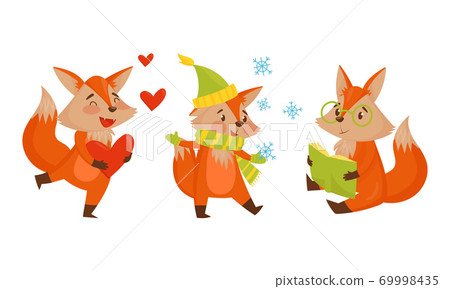 Funny Orange Fox Holding Heart and Reading Book Vector Set Funny Orange Fox Holding Heart and Reading Book Vector Set 69998435