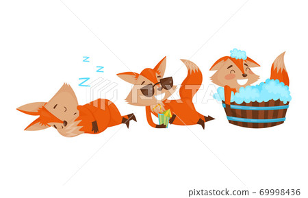 Funny Orange Fox Sleeping and Bathing Vector Set 69998436