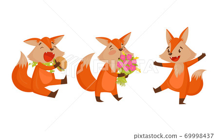 Funny Orange Fox Holding Flower Bouquet and Eating Hamburger Vector Set Funny Orange Fox Holding Flower Bouquet and Eating Hamburger Vector Set 69998437