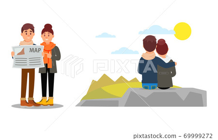 Young Couple Travelling on Vacation Vector Illustration Set 69999272