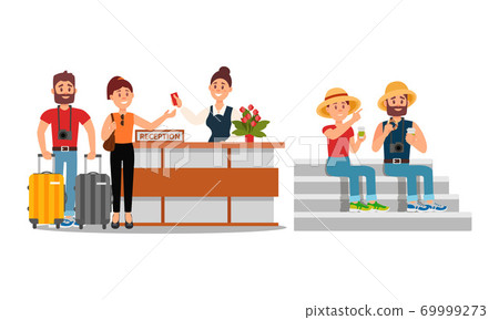 Young Couple Travelling on Vacation Vector Illustration Set 69999273