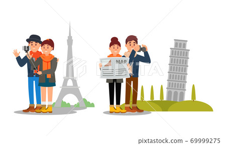 Young Couple Travelling on Vacation Vector Illustration Set Young Couple Travelling on Vacation Vector Illustration Set 69999275