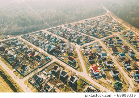 Gomel, Belarus. Aerial Bird's-eye View Of Suburb Cityscape Skyline In Sunny Spring Day Gomel, Belarus. Aerial Bird's-eye View Of Suburb Cityscape Skyline In Sunny Spring Day 69999339
