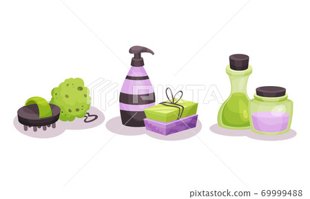 Spa and Aromatherapy with Essential Oil in Jars and Sponge Vector Set Spa and Aromatherapy with Essential Oil in Jars and Sponge Vector Set 69999488
