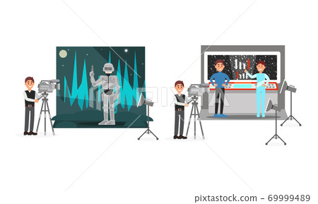 Young Male Cameraman Filming Movie with Actor Wearing Costume Vector Illustration Set 69999489