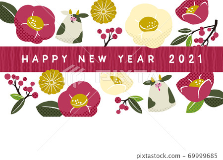 New Year's card Ox and camellia enji New Year's card Ox and camellia enji 69999685