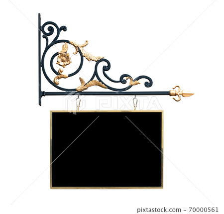 Beautiful metal blank sign for copy space text and advertising is decorated with wrought iron motifs for shop and restauran 70000561