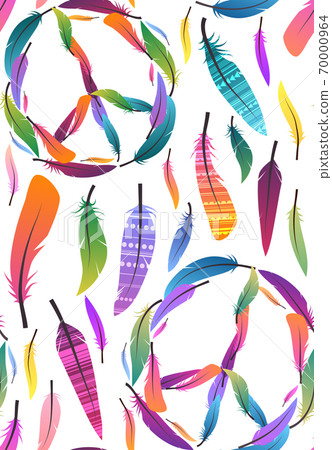 Seamless boho texture with multicolored feathers and tribal pattern and sign of peace on white background. Seamless boho texture with multicolored feathers and tribal pattern and sign of peace on white background. 70000964