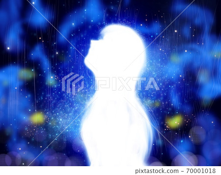 White silhouette of a woman with long hair looking at the blue feathers and the background of the universe 70001018