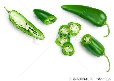jalapeno peppers isolated on white background. Green chili pepper with clipping path. Top view with copy space for your text. Flat lay 70002290