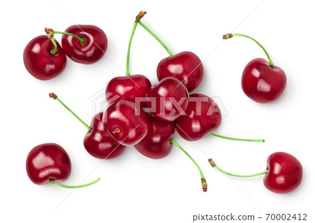 red sweet cherry isolated on white background with clipping path . Top view. Flat lay 70002412