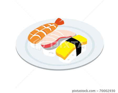 Sushi served on a plate (shrimp, yellowtail, eggs) 70002930
