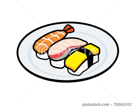 Sushi served on a plate (shrimp, yellowtail, eggs) 70002931