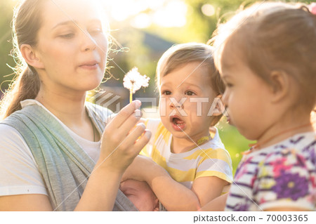 Motherhood, care, infants, summer, childhood and large families concept - Young big mom with newborn baby in sling and two small children of same age blow dandelion away in backlight of sunset in park Motherhood, care, infants, summer, childhood and large families concept - Young big mom with newborn baby in sling and two small children of same age blow dandelion away in backlight of sunset in park 70003365