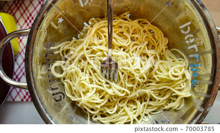 Large bowl with freshly cooked pasta spaghetti and metal fork closeup Large bowl with freshly cooked pasta spaghetti and metal fork closeup 70003785