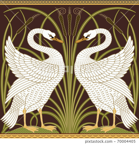 White swan and reeds decorative border pattern on dark background. Vector illustration. White swan and reeds decorative border pattern on dark background. Vector illustration. 70004405
