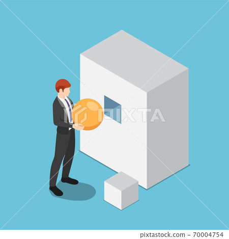 Isometric businessman trying to put sphere shape into the square hole Isometric businessman trying to put sphere shape into the square hole 70004754