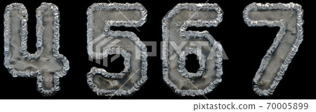 Set of numbers 4, 5, 6, 7 made of industrial metal on black background 3d 70005899