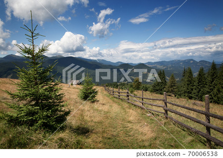 Beautiful mountain landscape with spruce in the foreground 70006538