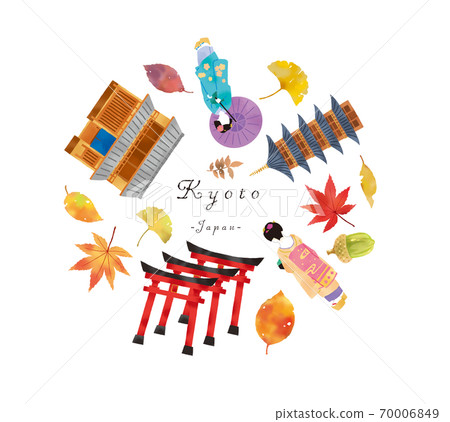 Set illustration of autumn maiko, Kyoto townhouse and temple Set illustration of autumn maiko, Kyoto townhouse and temple 70006849