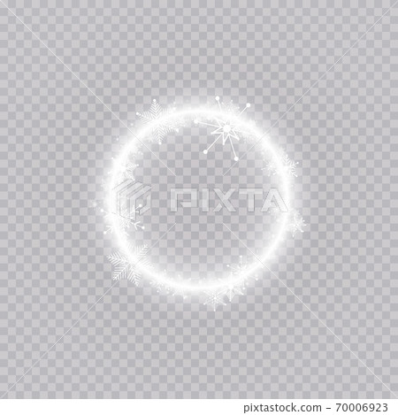 Round winter snow frame border with stars, sparkles and snowflakes on transparent background. Festive christmas banner, new year greeting card, postcard or invitation vector illustration 70006923