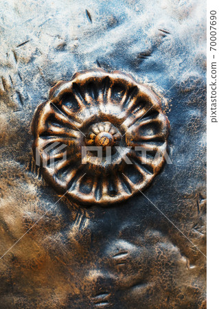 Antique metal shield with a textured surface. Close up. 70007690
