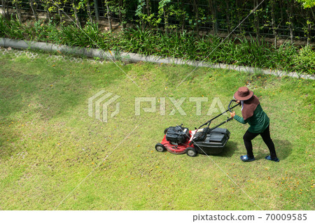 woman worker working pushing grass trimming with a lawnmower woman worker working pushing grass trimming with a lawnmower 70009585
