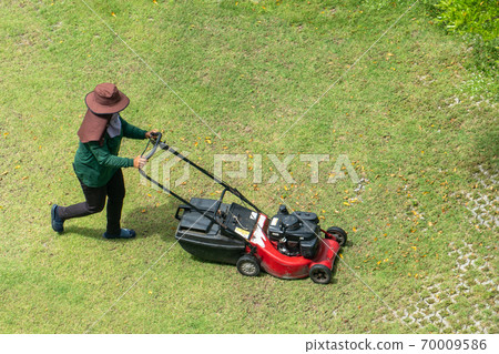 woman worker working pushing grass trimming with a lawnmower woman worker working pushing grass trimming with a lawnmower 70009586