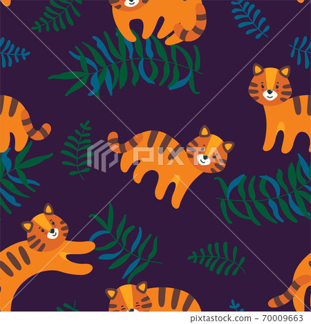 Jungle seamless pattern with tigers and leaves.... - Stock Illustration ...