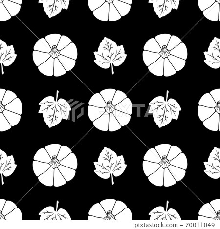 Pumpkins with leaves. Seamless vector pattern. White elements on a black background. Autumn illustration for decorations, cards, banners, wrappings, prints, fabrics, wrapping papers, textiles, others. Pumpkins with leaves. Seamless vector pattern. White elements on a black background. Autumn illustration for decorations, cards, banners, wrappings, prints, fabrics, wrapping papers, textiles, others. 70011049