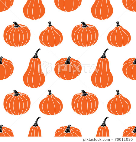 Orange pumpkins on a white background. Seamless vector pattern. Cute autumn illustrations for holiday decorations, postcards, banners, gift wrapping paper, modern prints, bright fabrics, and textiles. 70011050