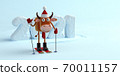 3D illustration of 2021 bull. Cute bull on skis on the background of 2021 numbers made of snow on blue background. Zodiac sign of the year. 70011157