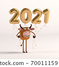 3d illustration 2021 year of the bull. Cute cartoon bull with balloons 2021 numbers. Zodiac symbol of 2021. 70011159