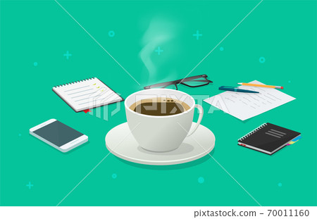 Coffee cup break on working desk business table isometric vector cartoon illustration, breakfast idea on work time, beverage mug concept 70011160
