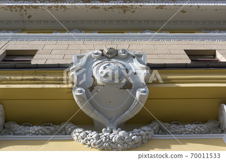 Building of Soviet theater decorated with stucco and the Soviet coat of arms Building of Soviet theater decorated with stucco and the Soviet coat of arms 70011533