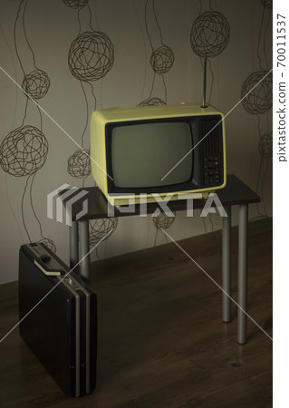 Authentic retro Soviet portable analog TV and attache case, vertical image Authentic retro Soviet portable analog TV and attache case, vertical image 70011537