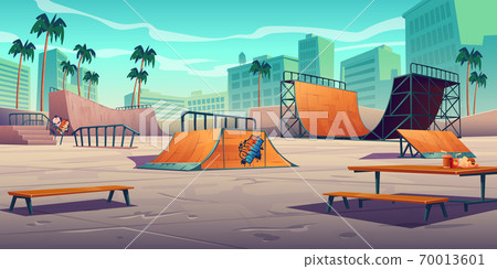 Skate park with ramps in tropical city Skate park with ramps in tropical city 70013601