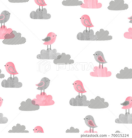 Seamless pattern with cute birds and clouds.... - Stock Illustration ...