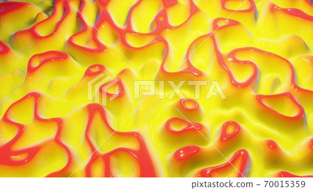 3d rendering. Abstract wavy pattern on bright glossy surface, liquid gradient red yellow, like waves on paint fluid. Creative backdrop 70015359