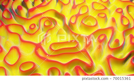 3d rendering. Abstract wavy pattern on bright glossy surface, liquid gradient red yellow, like waves on paint fluid. Creative backdrop 70015361