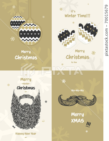 Set of Merry Christmas hand drawn cards.  Doodles and sketches. Mustache, gloves and Beard illustrations 70015679