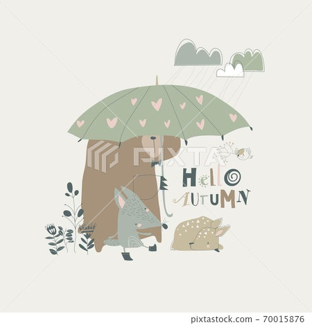 Funny animals under umbrella. Autumn time. Rainy weather 70015876