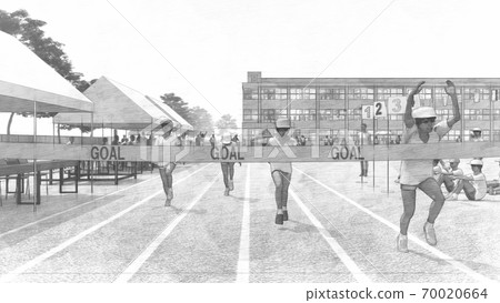 School athletic meet, foot race, spectators, buildings, illustration 54 School athletic meet, foot race, spectators, buildings, illustration 54 70020664